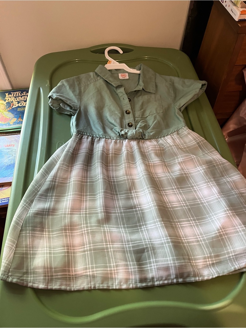 wonder nation Olive Green Button-Front Plaid Dress